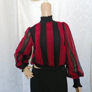 **Gracia Vintage Black Lace and Red Zigzag Long Sleeve Blouse**